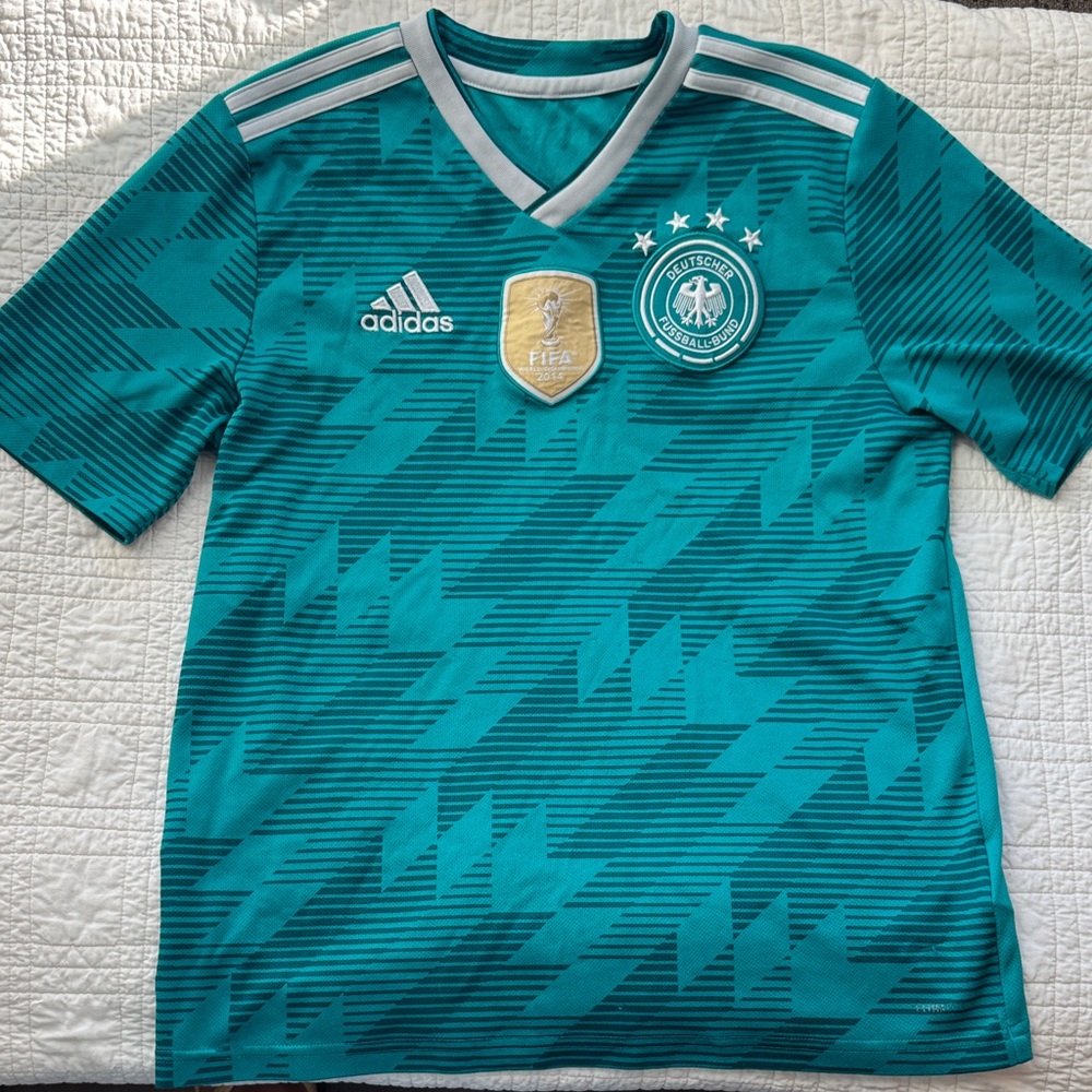 adidas Kids Teal Germany Football Jersey with Gold FIFA Patch